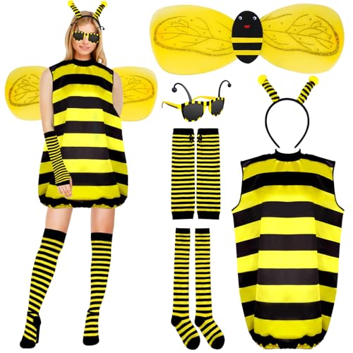 HIULLEN Bienen Kostüm Damen, 6 Stück Hummel Kostüm für Erwachsene, Große Größen Bienenkostüm Erwachsene mit Kleid Sonnenbrille, Handschuhe, Socken, Flügel, Fühler für Karneval Party Verkleidung(XL) von HIULLEN
