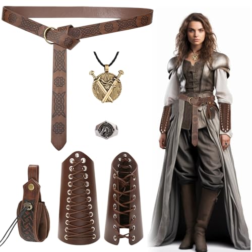 HIULLEN 6PCS Halloween Nekromanten Anzug, Mittelalter Kleidung für Damen Herren mit Gürtel Gürteltasche Armschienen Aufhängeöse Ringe, Mittelalterliche Accessoires Set für Wikinger Piraten Hexe Ritter von HIULLEN