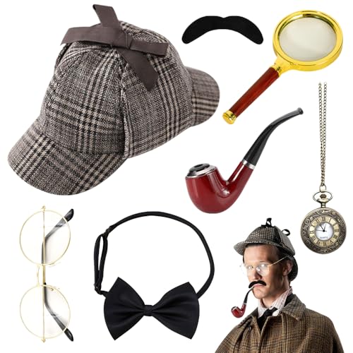 HIULLEN 7Stück Detektiv Kostüm Zubehör Set,Sherlock Holmes Zubehör mit Detektivhut Lupe Metallbrille Herrenfliege Bart,Detektiv Zubehör Victorian für Kinder Erwachsenen Halloween Cosplay KarnevalParty HIULLEN 7Stück Detektiv Kostüm Zubehör Set,Sherlock Holmes Zubehör mit Detektivhut Lupe Metallbrille Herrenfliege Bart,Detektiv Zubehör Victorian für Kinder Erwachsenen Halloween Cosplay KarnevalParty von HIULLEN