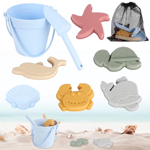 HIULLEN 8PCS Sandspielzeug Set aus Silikon, Strand Sandspielzeug Set, Sandkasten Spielzeug mit Eimer, Schaufel und Aufbewahrungstasche, für Kinder, Garten, Reisen, Outdoor und Geschenke(blau) von HIULLEN