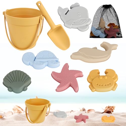 HIULLEN 8PCS Sandspielzeug Set aus Silikon, Strand Sandspielzeug Set, Sandkasten Spielzeug mit Eimer, Schaufel und Aufbewahrungstasche, für Kinder, Garten, Reisen, Outdoor und Geschenke(gelb) von HIULLEN
