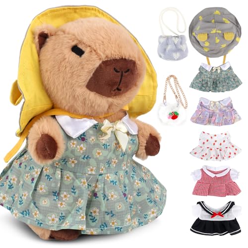 HIULLEN Capybara Kuscheltier, 25cm Capybara Plüschtier, 9pcs Niedlichen Capybara Plushies mit Sommer Kleidungsset, Plüschpuppenspielzeug Wasserschwein Kuscheltier für Kinderspielzeug Heimdekoration von HIULLEN