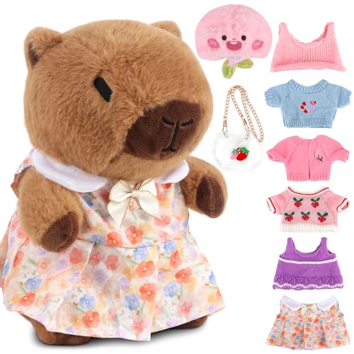 HIULLEN Capybara Plüschtier, 25cm Capybara Kuscheltier, 9pcs Niedlichen Capybara Plushies mit Kleidung Tasche Hut, Plüschpuppenspielzeug Wasserschwein Kuscheltier für Kinderspielzeug, Heimdekoration von HIULLEN