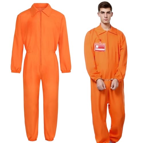 HIULLEN Häftling Kostüm Herren, Sträfling Kostüm Herren, Gefangener Kostüms Orange mit Handcuffs Prisoner Overall Costume für Halloween Erwachsene Cosplay Karneval Verbrecher Kostüms (M) von HIULLEN