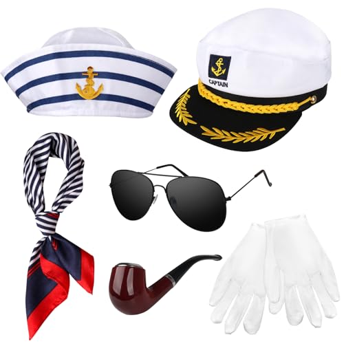 HIULLEN Kapitänsmütze Matrosenmütze, 6 PCS Kapitän Matrosen Kostüm Set, Schal, Sonnenbrille, Handschuhe, Verstellbare Yacht Kapitän Hut Herren Damen für Weihnachten Kostümpartys, Cosplay, Kreuzfahrten HIULLEN Kapitänsmütze Matrosenmütze, 6 PCS Kapitän Matrosen Kostüm Set, Schal, Sonnenbrille, Handschuhe, Verstellbare Yacht Kapitän Hut Herren Damen für Weihnachten Kostümpartys, Cosplay, Kreuzfahrten von HIULLEN