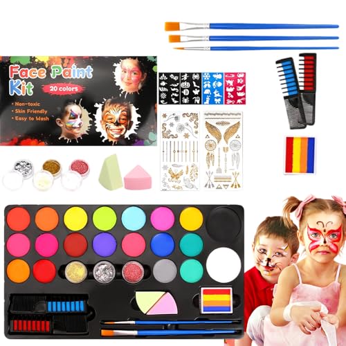 HIULLEN Kinderschminke Set, Gesichtsfarben Kinderschminken Set, Farben Schminkpalette mit 20 Farben Wasserbasis 2 Berufs Pinsel für Halloween, Karneval, Party, Reisesouvenir von HIULLEN