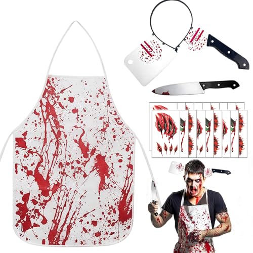 HIULLEN Metzger Kostüm Halloween, Halloween Schlächter Kostüm mit Hackbeil Stirnband Kunststoff Messer Blutige Schürze Tattoo Aufkleber, Halloween Blutige Schürze für Vampir Zombie Themenpartys HIULLEN Metzger Kostüm Halloween, Halloween Schlächter Kostüm mit Hackbeil Stirnband Kunststoff Messer Blutige Schürze Tattoo Aufkleber, Halloween Blutige Schürze für Vampir Zombie Themenpartys von HIULLEN