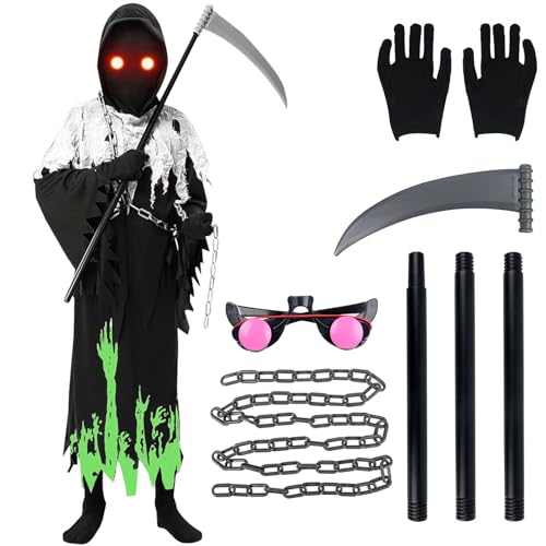 HIULLEN Sensenmann Kostüm Kinder, Halloween Kostüm Sensenmann, Grim Reaper Kostüm mit Sense, Schädelmaske, Umhang, Handschuhe Unisex Cape für Halloween Cosplay Karneval HIULLEN Sensenmann Kostüm Kinder, Halloween Kostüm Sensenmann, Grim Reaper Kostüm mit Sense, Schädelmaske, Umhang, Handschuhe Unisex Cape für Halloween Cosplay Karneval von HIULLEN