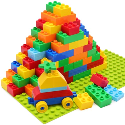 HIUME Große Bausteine Set, 81 Bausteine und 2 Bauplatten, Kompatibel zu Allen Anderen Herstellern Duplo Bausteinen, für Kinder ab 3 4 5 Jahre. von HIUME