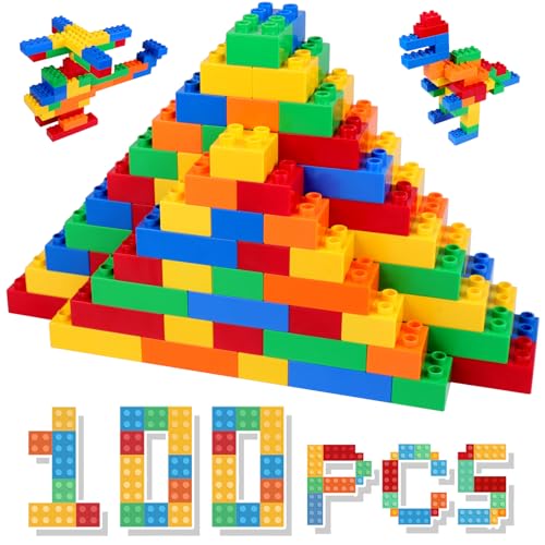 HIUME Große Klassische Bausteine-Set, 100 Teile Steine in 5 Farben, Kompatibel zu Allen Anderen Herstellern Duplo Bausteinen - Ideal für Kinder ab 2, 3, 4, 5 Jahren. von HIUME