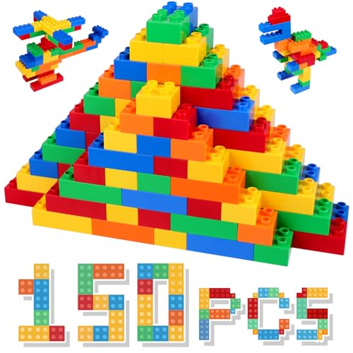HIUME Große Klassische Bausteine-Set, 150 Teile Steine in 5 Farben, Kompatibel zu Allen Anderen Herstellern Duplo Bausteinen - Ideal für Kinder ab 2, 3, 4, 5 Jahren. von HIUME