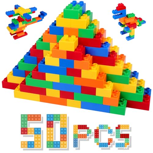 HIUME Große Klassische Bausteine-Set, 50 Teile Steine in 5 Farben, Kompatibel zu Allen Anderen Herstellern Duplo Bausteinen - Ideal für Kinder ab 2, 3, 4, 5 Jahren. von HIUME