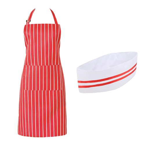 HIXNUG 2-teiliges Kellner-Kostüm-Set für Erwachsene, rot und weiß gestreift, Schürze für 1950er-Jahre-Filmabend, Zirkus, Party, Karneval, Kostüm von HIXNUG