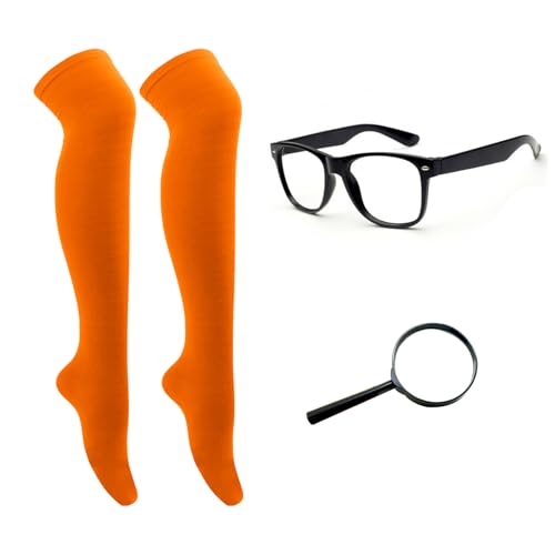 HIXNUG 3 Stück Damen Mystery Solving Detective Kostüm Brille Lupe Orange Kniestrümpfe für Halloween Cosplay von HIXNUG