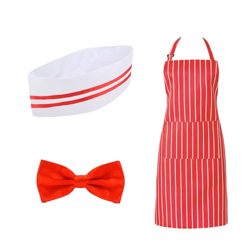 HIXNUG 3-teiliges Kellner-Kostüm-Set aus den 1950er-Jahren, Koch Mütze, rot und weiß gestreift, Schürze und Fliege für 1950er-Jahre, Weihnachtsfeier, Cosplay HIXNUG 3-teiliges Kellner-Kostüm-Set aus den 1950er-Jahren, Koch Mütze, rot und weiß gestreift, Schürze und Fliege für 1950er-Jahre, Weihnachtsfeier, Cosplay von HIXNUG
