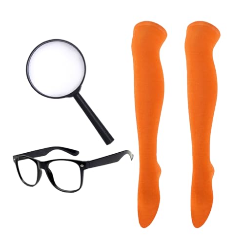HIXNUG 3pcs Nerd Kostüm Set Orange Socken Kunststoff Lupe Nerd Brille für Halloween Erwachsene Jugendliche Kostüm Zubehör von HIXNUG