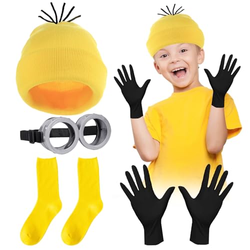 HIXNUG 4 gelbe Kostüme, gelbe Mütze, Vintage-Steampunk-Brille, Handschuhe, Socken für Halloween, Cosplay, Party, Faschingskostüm von HIXNUG