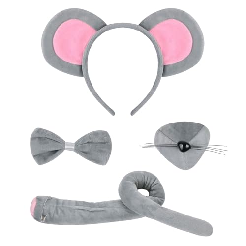 HIXNUG 4-teiliges Maus-Kostüm-Set, Ohren, Stirnband, Schwanz, Nase, Tutu, Rock für Kinder, Erwachsene, Karneval, Welttag des Buches, Cosplay, Halloween, Party von HIXNUG