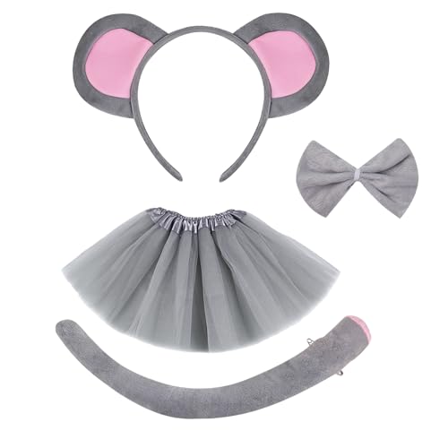 HIXNUG 4-teiliges Maus-Kostüm-Zubehör-Set, Maus-Ohren, Stirnband, Fliege, Schwanz, Tutu, Rock für Ratten-Thema, Make-up-Kostüm von HIXNUG