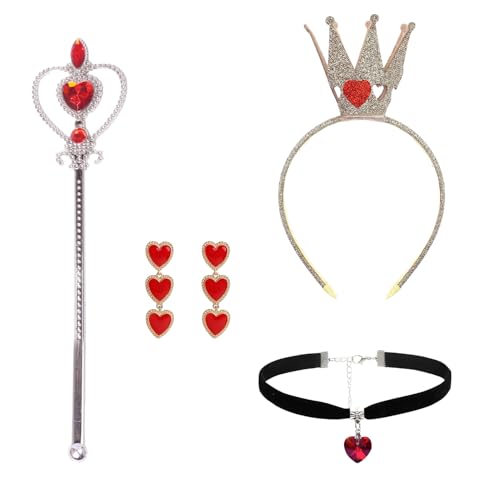 HIXNUG 4 x Herz-Königin-Kostüm-Zubehör, goldfarbene Krone, Stirnband, Strass, Zepterstab, rotes Herz, baumelnde Ohrringe, Choker für Weltbuchtag, Cosplay-Zubehör von HIXNUG