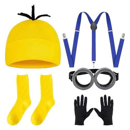 HIXNUG 5 x Halloween-Cosplay-Kostüm-Zubehör, gelbe Beanie, Strickmütze, große Augen, Brillen, Socken, Handschuhe, blauer Schultergurt für Kostümparty von HIXNUG