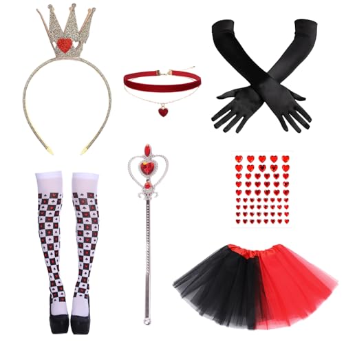 HIXNUG 7-teiliges Königin-Kostüm-Set, Tutu, Röcke, Strümpfe, Handschuhe, Krone, Choker-Aufkleber, Zauberstab, Königin der Herzen, Verkleidung für Mädchen und Frauen, Weltbuchtag HIXNUG 7-teiliges Königin-Kostüm-Set, Tutu, Röcke, Strümpfe, Handschuhe, Krone, Choker-Aufkleber, Zauberstab, Königin der Herzen, Verkleidung für Mädchen und Frauen, Weltbuchtag von HIXNUG