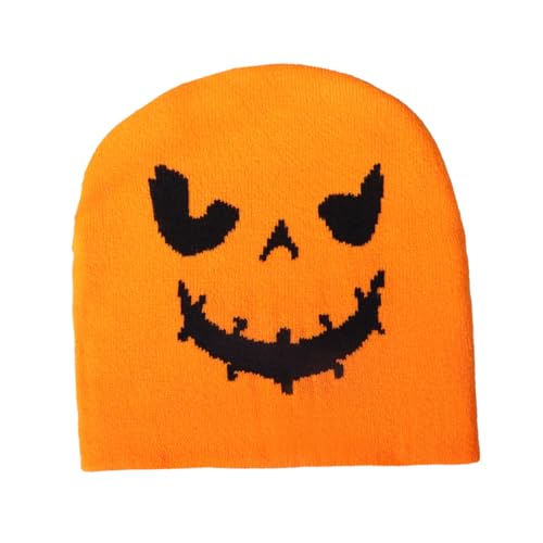 HIXNUG Halloween-Beanie-Mütze, Kürbisgesichtsmuster, Strickmütze, Winterparty, Fotografie-Requisiten für Damen und Herren (orange) von HIXNUG