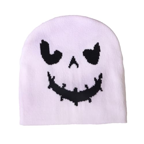 HIXNUG Halloween-Beanie-Mütze, Kürbisgesichtsmuster, Strickmütze, Winterparty, Fotografie-Requisiten für Damen und Herren (weiß) von HIXNUG
