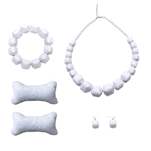 HIXNUG Halloween-Höhlenfrau-Kostüm-Zubehör, weiße Perlen, Halskette, Armband, Ohrringe, Knochen, Haarspangen für Halloween, Höhle, Cosplay, 4 Stück von HIXNUG