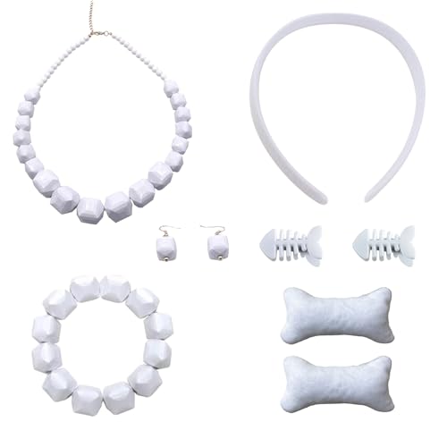 HIXNUG Höhlenfrau-Kostüm-Zubehör, weiße Perlen, Halskette, Ohrringe, Armband, Haarband, Knochen-Haarspangen, Skeletthöhle, Cosplay, Partyzubehör, 6 Stück von HIXNUG