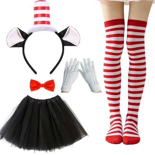 HIXNUG Katzenkostüm, Motiv: Weltbuchtag, rot und weiß, gestreift, Hut, Stirnband, Fliege, Tutu, Rock, Handschuhe, Socken für Fasching, Cosplay, Zubehör, 5 Stück von HIXNUG