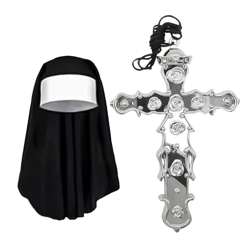 HIXNUG Nonnen-Kostüme, Nonnen-Kopfbedeckung, Kreuz-Halskette, Verkleidung für Erwachsene, für Karneval, Halloween-Party, 2 Stück von HIXNUG