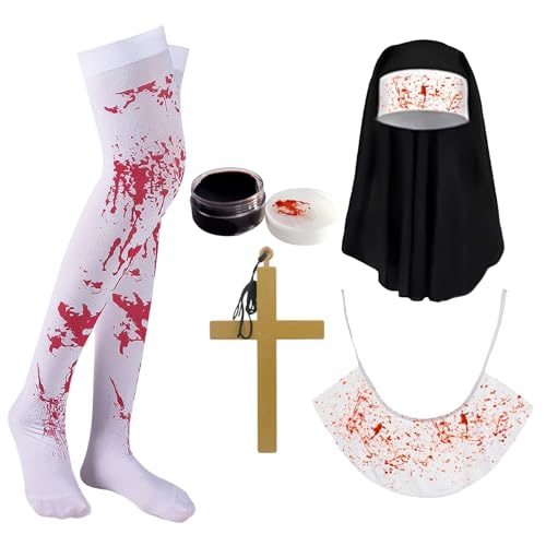 HIXNUG Zombie-Schwester-Kostüm, Nonnen-Kopfbedeckung, Halskette, Kragen, Socken, Kunstblut-Nonne, Outfit für Halloween, Cosplay, Party, 5 Stück von HIXNUG