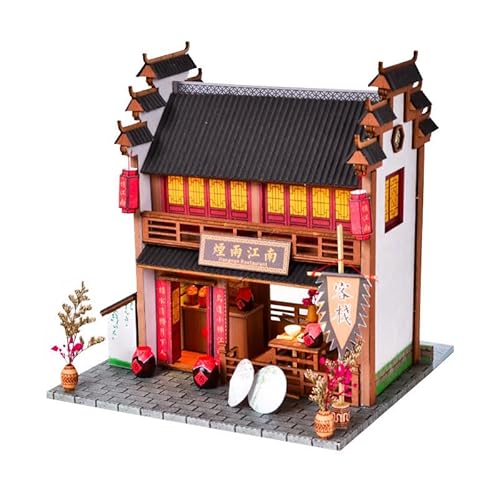 HJBHDOLL Chinesischer Stil Shop Gebäude Modell DIY Puppenhaus Miniatur Kit 3D Haus Möbel LED Licht Puzzle Spielzeug Junge Mädchen Weihnachten Geburtstag Geschenk (Chinesisches Altes Hotel) von HJBHDOLL