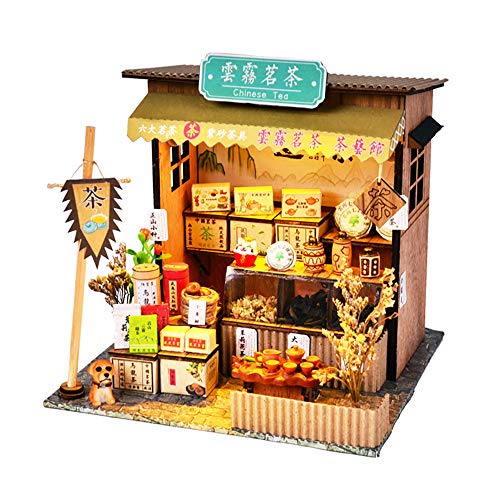 HJBHDOLL Chinesischer Stil Shop Gebäude Modell DIY Puppenhaus Miniatur Kit 3D Haus Möbel LED Licht Puzzle Spielzeug Junge Mädchen Weihnachten Geburtstag Geschenk (Teashop) von HJBHDOLL