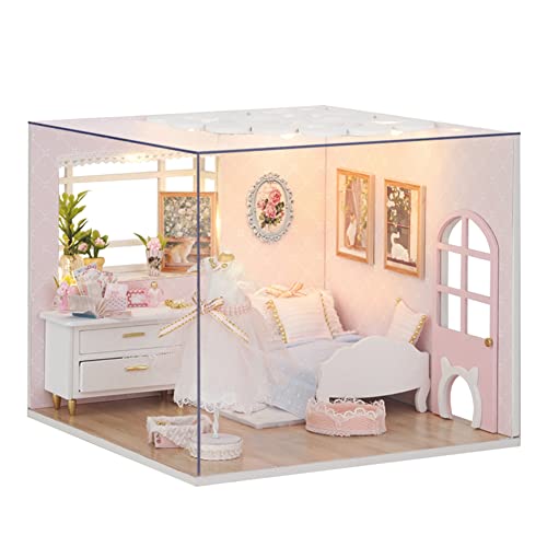 Creative Room Shop Miniatur-Puppenhaus mit Staubschutz und Möbeln, DIY-Puppenhaus-Set, LED-Licht, für Erwachsene, Teenager, Kinder, Geburtstag (Mädchenzimmer) von HJBHDOLL