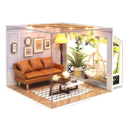 Creative Room Shop Miniatur-Puppenhaus mit Staubschutz und Möbeln, DIY-Puppenhaus-Set, LED-Licht, Erwachsene, Teenager, Kinder, Geburtstag (Wohnzimmer) von HJBHDOLL