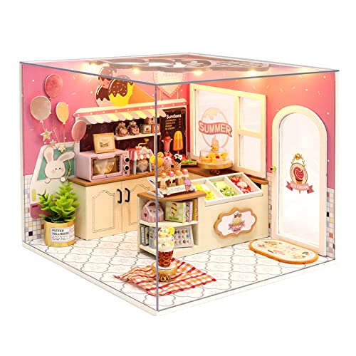 Creative Room Shop Miniatur-Puppenhaus mit Staubschutz und Möbeln, DIY-Puppenhaus-Set, LED-Licht, für Erwachsene, Teenager, Kinder, Geburtstag (Eisdiele) von HJBHDOLL
