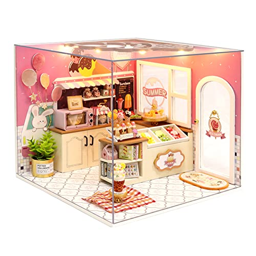 Creative Room Shop Miniatur-Puppenhaus mit Staubschutz und Möbeln, DIY-Puppenhaus-Set mit LED-Licht, für Erwachsene, Teenager, Kinder, Geburtstag (Eisdiele) von HJBHDOLL