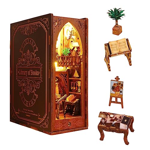 DIY Book Nook Kit, 3D Holz Puppenhaus Buchstützen Buchständer Puzzle Modell Build-Creativity Kit mit LED-Licht für Teenager und Erwachsene (Bibliothek) von HJBHDOLL