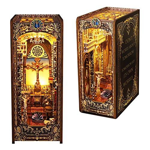 DIY Book Nook Kit, 3D Wooden Dollhouse Bookends Book Stand Puzzle Model Build-Creativity Kit with LED Light for Teens and Adults (Church) von HJBHDOLL