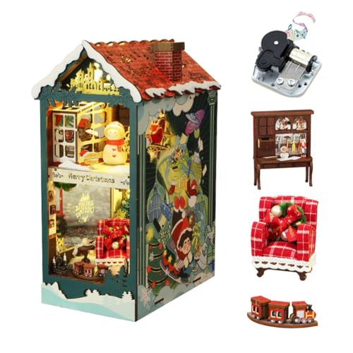 DIY Book Nook Puppenhaus Kit mit Spieluhr Puzzle Spielzeug Miniatur Möbel Kreativer Buchständer Handwerk Teen Kid Geburtstag Neujahr Geschenk (Merry Christmas) von HJBHDOLL