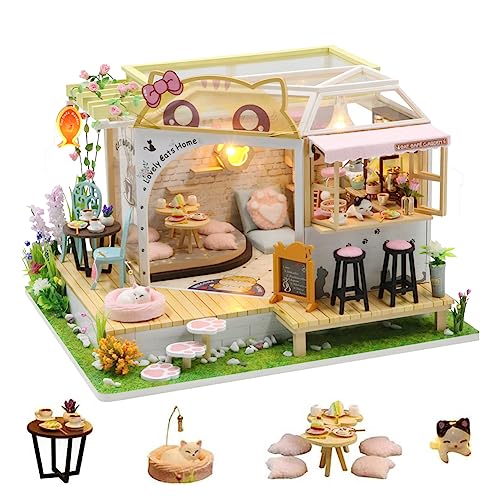 DIY Cat Cafe Miniatur Puppenhaus Kit mit LED-Licht, 1:24 Maßstab handgemachte Katze Kaffee Garten Puppenhaus, kreative Geburtstagsgeschenk für Teenager Kind (Katzen-Café Puppenhaus) von HJBHDOLL