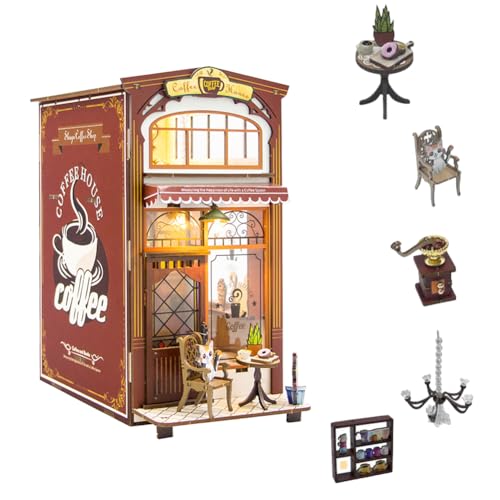 HJBHDOLL DIY Miniatur Puppenhaus Bausatz Kaffeehaus Bücherecke Set, Katze Cafe Puppenhaus Puzzle Modell Bücherregal Dekoration Kreatives Handwerk Junge und Mädchen Geburtstagsgeschenk von HJBHDOLL