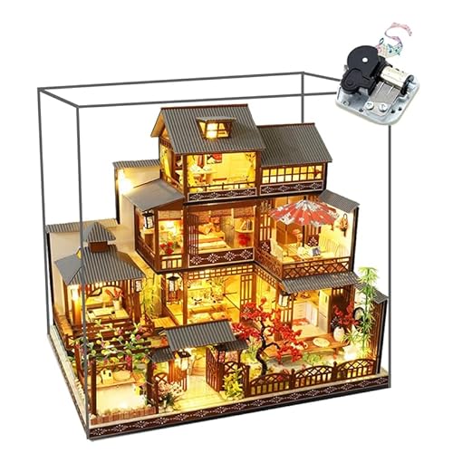 HJBHDOLL Miniatur-Puppenhaus-Holzmöbel-Set, handgefertigt, großes japanisches Hofmodell, Maßstab 1:24, kreatives Puppenhaus-Spielzeug für Erwachsene, Teenager, Geschenk (plus mit Staubschutz und von HJBHDOLL