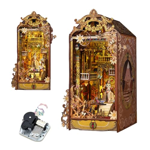 HJBHDOLL DIY Miniatur Puppenhaus Kits mit Spieluhr Buch Nook Kit, Puppenhaus Puzzle Modell Bücherregal Dekor mit LED-Licht Junge und Mädchen Geschenk (Mysterious Altes Ägypten) von HJBHDOLL