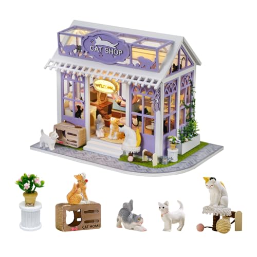 DIY Puppenhaus Miniatur Kit, Mini Cat Pet Shop Puzzle Modell 1:24 Kätzchen Puppenhaus Möbel Zubehör und LED Lichter Kinder Teen und Erwachsene bauen Geschenk (Cat Store) von HJBHDOLL
