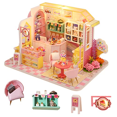 DIY Puppenhaus Set, Miniatur Puppenhaus aus Holz mit Möbeln und LED Lichtern, 3D Kuchen Candy Shop Puzzle Modell, Maßstab 1:24, kreatives Zimmer Geburtstagsgeschenk von HJBHDOLL