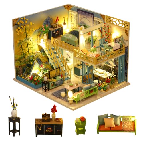DIY Chinesischer antiker Stil Villa Puppenhaus Kit, Holz Miniatur Kit mit Möbeln und LED, 3D Haus Puzzle-Modell, Maßstab 1:24 Kreativer Raum für Geburtstag Tag Geschenkidee von HJBHDOLL