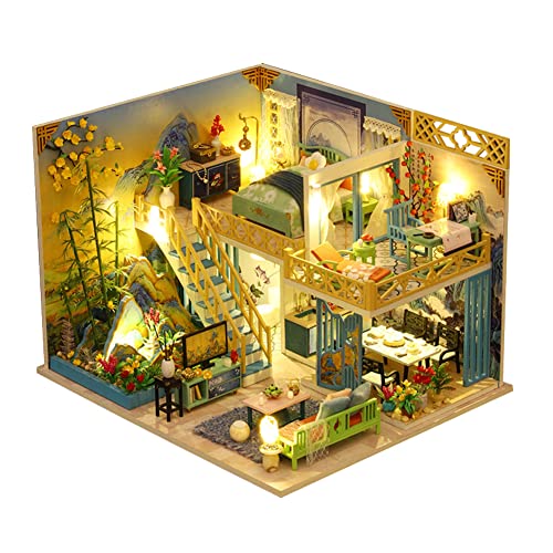 DIY Chinesischer antiker Stil Villa Puppenhaus Kit, Holz Miniatur Kit mit Möbeln und LED, 3D Haus Puzzle-Modell, Maßstab 1:24 Kreativer Raum für Geburtstag Tag Geschenkidee von HJBHDOLL